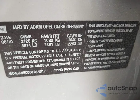 2011 Buick Regal Cxl Russelsheim z USA, uszkodzony, nr VIN W04GS5EC0B1014917